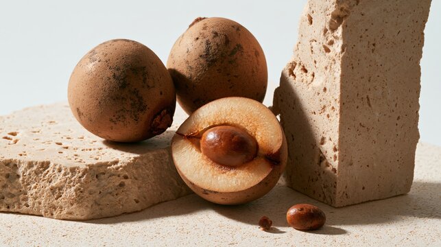 A bright editorial composition featuring sapodilla fruit positioned diagonally across pale limestone