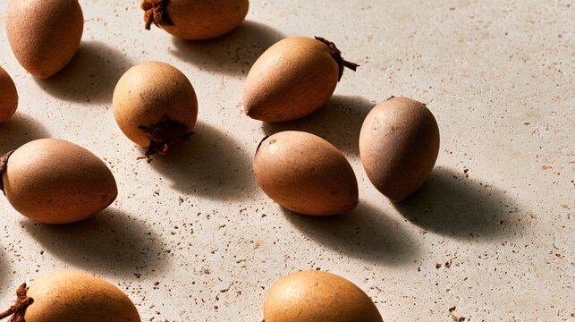 A bright editorial composition featuring sapodilla fruit positioned diagonally across pale limestone