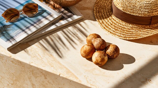 A bright lifestyle composition featuring sapodilla fruit beside travel magazines and tropical accessories on pale stone