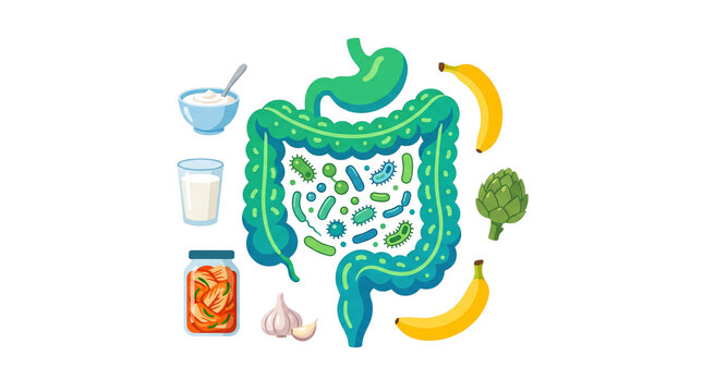 Human gut microbiome health illustration, digestive system with probiotics and prebiotic foods, intestinal flora and healthy bacteria concept isolated PNG with Transparent Background
