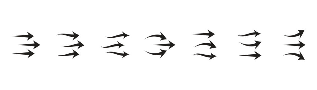 Wind airflow direction vector arrows set black motion flow icon collection isolated on white background for design