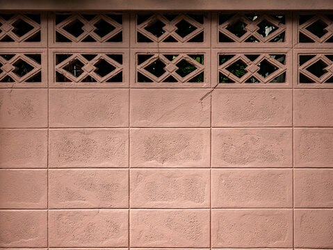 Pink Concrete Diamond Pattern Breeze Block Wall with Green Foliage