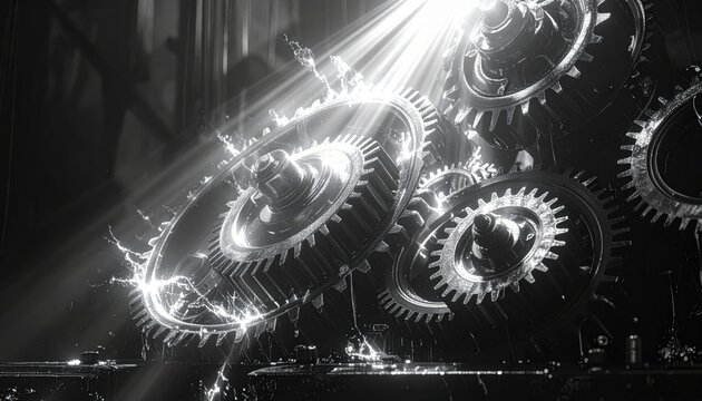 Intricate interlocking metallic gears and cogs of various sizes illuminated by dramatic light