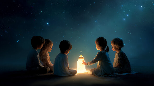  Kids sitting around tricolor lantern under stars representing hope and freedom.
