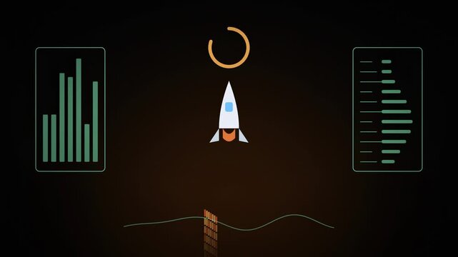 Abstract animated rocket launch telemetry readouts drawn as amber and orange glowing lines and dots on a deep dark background. Clean minimal motion graphics element with free space around it, ideal fo