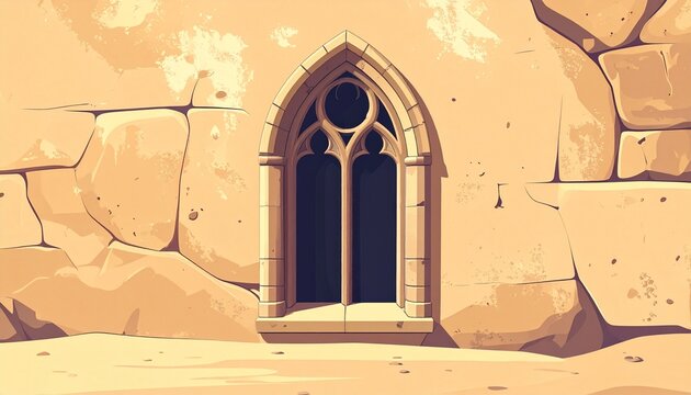 Gothic arched window in ancient stone wall.