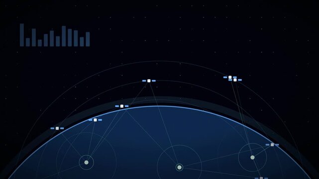 Abstract animated satellite constellation with communication links drawn as blue and cyan glowing lines and dots on a deep dark background. Clean minimal motion graphics element with free space around