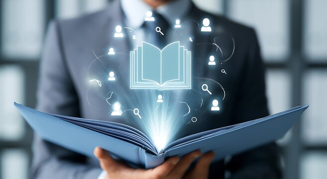 Corporate professional reviewing digital policy document with compliance icons. Governance, regulation management, and modern business documentation workflow in a professional office environment.