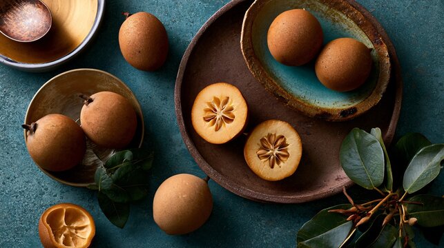 A luxury culinary magazine-inspired composition featuring asymmetrical placement of sapodilla fruit and refined styling