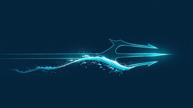 Cyan glowing trident shape with sparkles and light particles on dark navy background, ancient Greek mythology