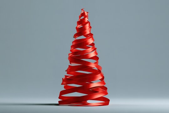 Christmas tree made of red ribbon, abstract spiral shape, festive holiday decoration, modern design, New Year celebration, studio shot.