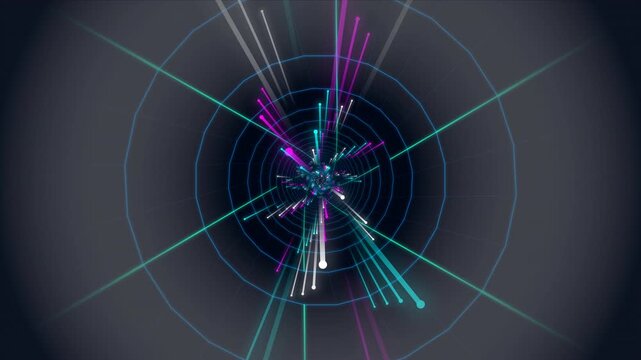 Abstract Cyber Tunnel Motion Graphic: Glowing Neon Light Particles and Speed Rays Zooming in Futuristic Digital Space
