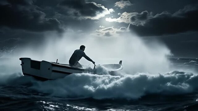 Man in a small boat battling a massive wave in a stormy, dark ocean.