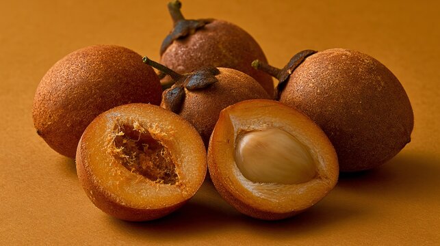 A monochromatic caramel-brown composition emphasizing the warm natural tones found in sapodilla fruit