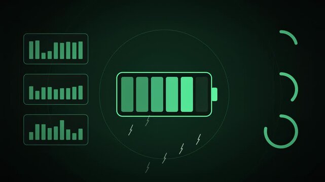Abstract animated electric vehicle battery filling while charging drawn as green and cyan glowing lines and dots on a deep dark background. Clean minimal motion graphics element with free space around