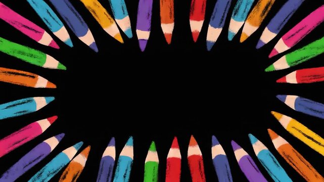 Colorful Colored Pencils Framing Black Copy Space Background Animation for Creative Art and Education Concept
