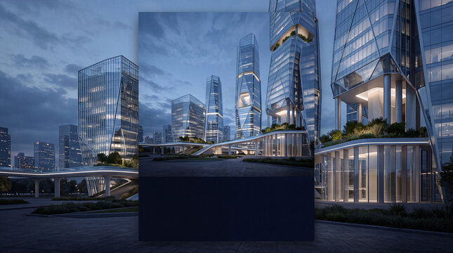 High-angle rendering of a futuristic smart city with eco-friendly architecture, elevated walkways, and transport infrastructure at dusk.