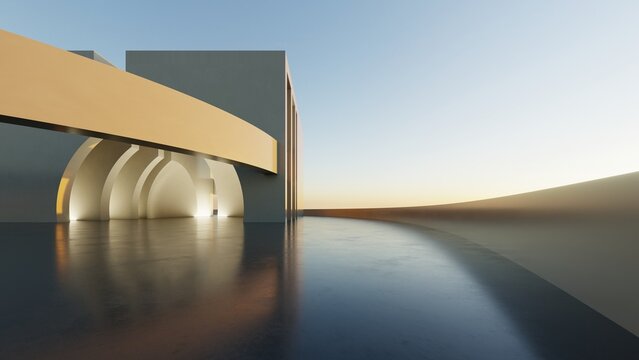Abstract architecture background, Concrete curved roof structure with arched colonnade at sunset, Scene for car presentation, Modern Exterior, 3D rendering