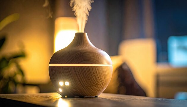 Wooden aroma diffuser releasing a gentle mist with soft ambient lighting in a cozy room