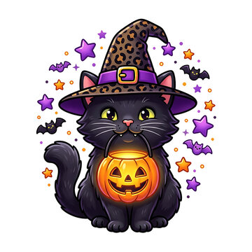 Cute black cat in leopard print witch hat holding a glowing pumpkin lantern in its mouth