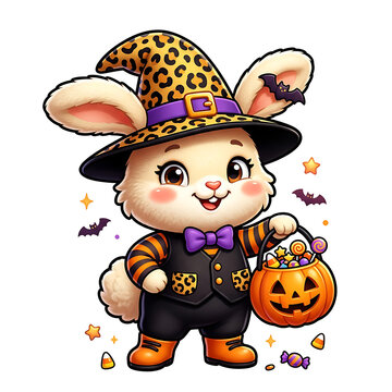 Cute halloween bunny rabbit wearing leopard print witch hat and holding pumpkin candy bucket