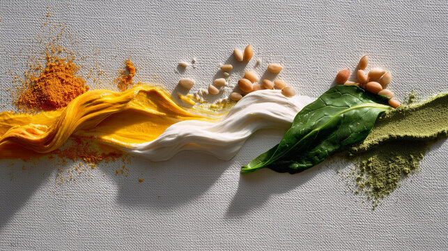  Abstract tricolor made of turmeric, rice, and spinach symbolizing India's identity.
