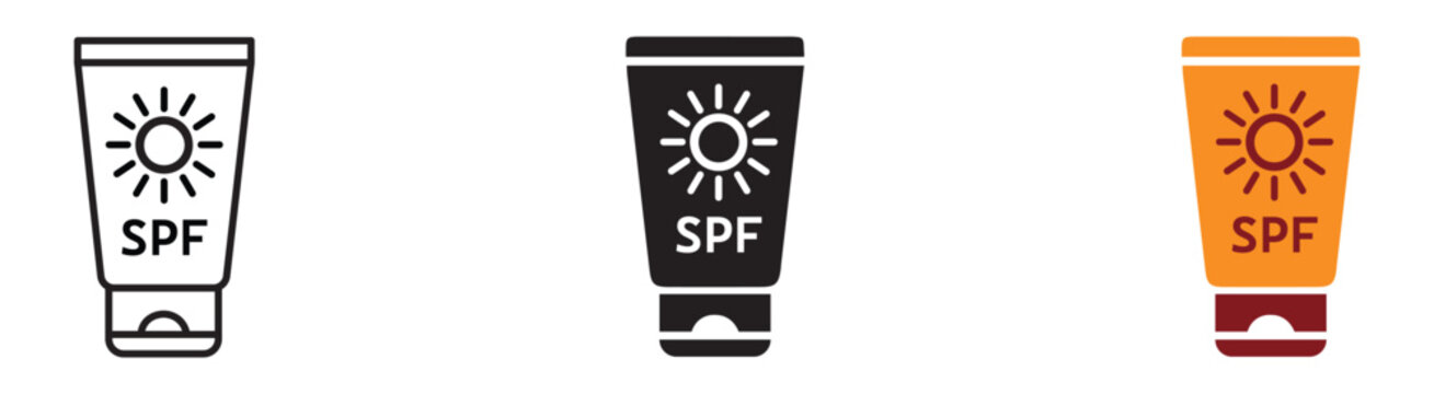 Sunscreen lotion tube icons illustrate skin protection products.