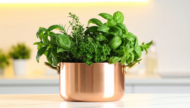 Fresh Culinary Herbs Overflowing From a Gleaming Copper Pot in a Bright Kitchen Setting