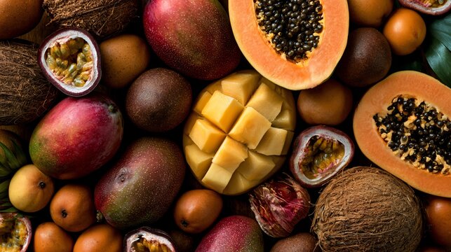 A tropical abundance composition featuring sapodilla fruit paired with mangoes, papayas, coconuts, and passion fruit