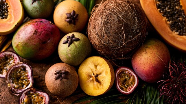 A tropical abundance composition featuring sapodilla fruit paired with mangoes, papayas, coconuts, and passion fruit