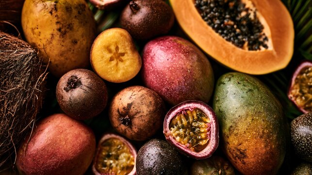 A tropical abundance composition featuring sapodilla fruit paired with mangoes, papayas, coconuts, and passion fruit