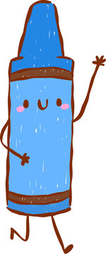 Back to School Supply Blue Crayon Cartoon Character Hand Drawn