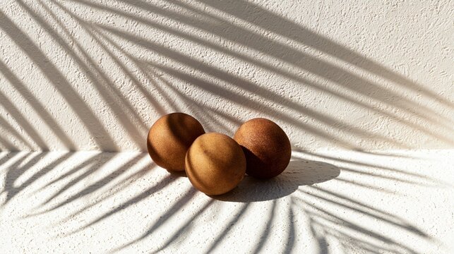 A tropical garden composition featuring sapodilla fruit on white stucco crossed by palm leaf shadows