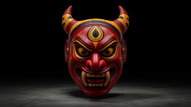 Traditional wooden devil mask isolated on dark studio background