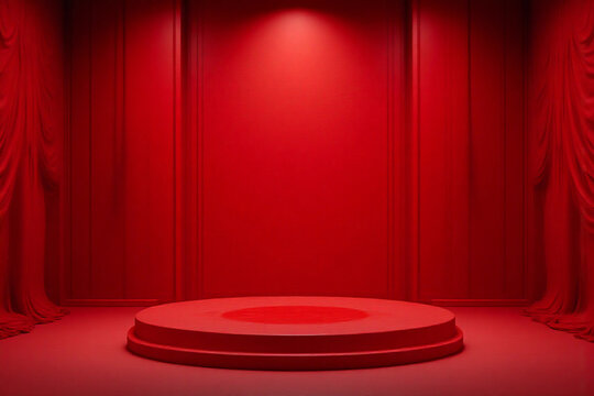 Deep red curtains frame a circular stage