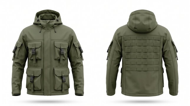Blank Tactical Utility Jacket Mockup Olive Green Techwear Hooded Coat Front Back View Isolated White Background