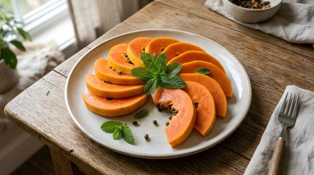 Fresh sliced papaya on a plate, tropical fruit snack with mint leaves on wooden table, perfect for national papaya month