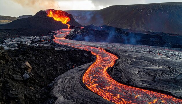 Fiery river of molten lava flowing from a volcano erupting in a dramatic natural landscape