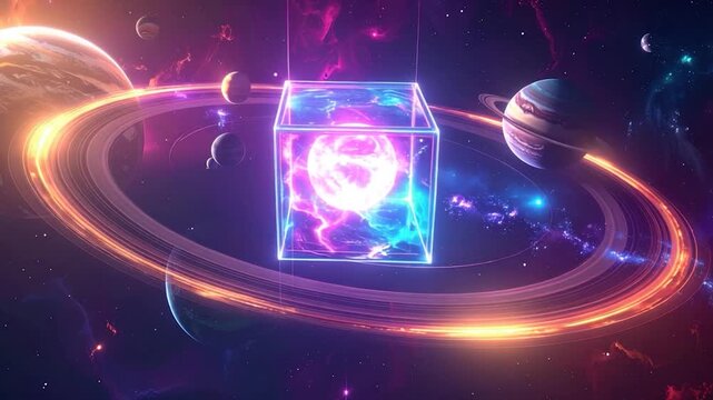 Glowing cosmic cube floating near planets in deep space.