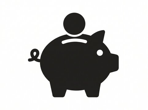 a solid black piggy bank icon with a coin falling into slot on white background
