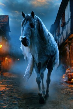 Ghostly Horse Wandering Through Foggy Halloween Village