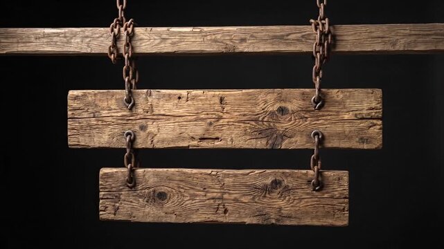 Two rustic wooden signs suspended by metal chains on black background