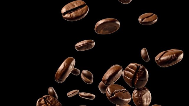 Roasted coffee beans floating in slow motion on black background, premium coffee animation with rich aroma, horizontal food and beverage video