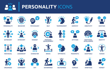 Personality icon set, containing behavior, psychology, traits, character, identity, temperament, mindset and more. Vector illustration.