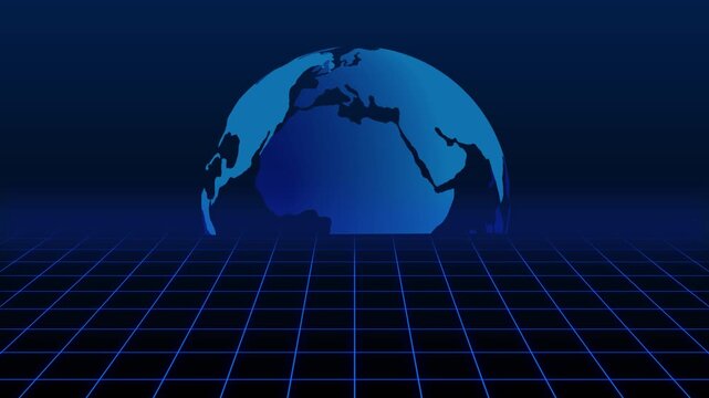 Blue digital globe above a glowing grid in a dark futuristic scene.