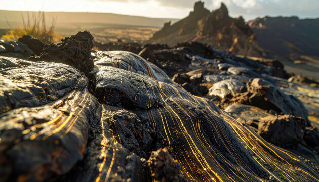 Molten Lava Flow With Golden Strands Reflecting Sunlight Across A Volcanic Landscape