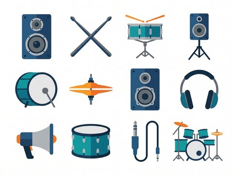 twelve flat graphic style music and sound equipment vector icons organized in a grid design