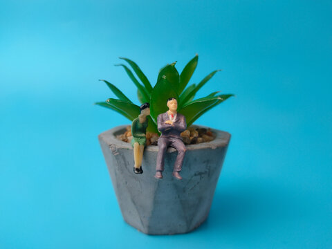Two miniature figures, a man and woman, sitting on the edge of a potted potted succulent plant