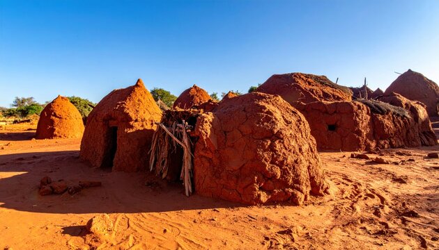 Earthy red clay huts cluster together under a clear blue sky in a traditional rural African village landscape, showcasing ancient architecture.