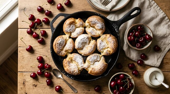 Fresh cherry popover in a cast iron skillet, homemade dutch baby pancake with fruit, perfect for cherry popover day